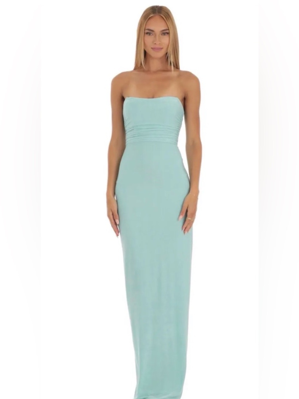 Lucy in the Sky Strapless Maxi Dress in Light Aqua
